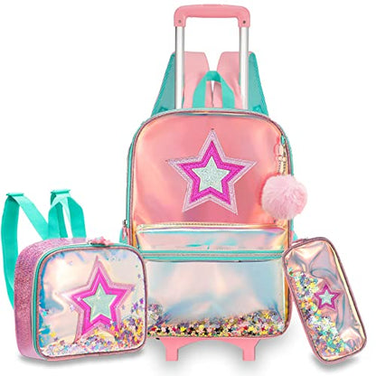 School Kids Rolling Backpack for Girls With Wheels Trolley Wheeled Backpacks Travel Bags 3PCS With Lunch Box Kids Rolling Suitcase Pink - color: Magic Color-1216-2