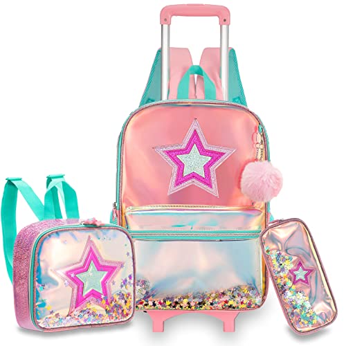 School Kids Rolling Backpack for Girls With Wheels Trolley Wheeled Backpacks Travel Bags 3PCS With Lunch Box Kids Rolling Suitcase Pink - color: Magic Color-1216-2