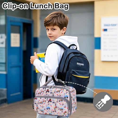 FlowFly Kids Lunch box with buckle Insulated Cooler Back to School Thermal Meal Tote Kit for Girls, Boys, Truck - color: M&Truck