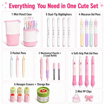 Small Cute Pink Standing Pencil Case with Supplies for Girls,Stand up Aesthetic Pouch,Pop up Bag Kawaii Kids Trendy School Stationery Set for Teens & Tweens,Back to School Gifts & College Essentials
