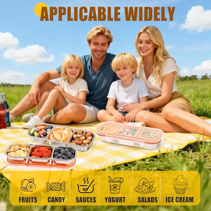 3 Pack Leakproof Stainless Steel Snack Containers with Lids, Reusable 3 Compartment Lunch Container, Stackable Snack Bento Box for Work, Travel & Picnic