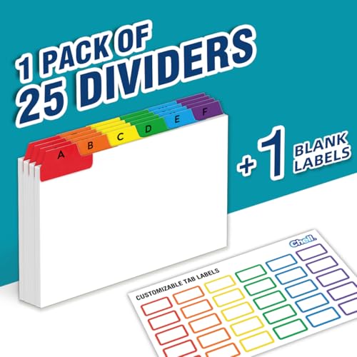 Chell 4"x6" Index Card Dividers, A-Z Tabbed, with Blank Stickers, 1 Set | Bright Colors, Heavyweight, Made of 110 lb. Cover Weight Paper, Alphabetical, Blank Stickers - size: 4"x6"