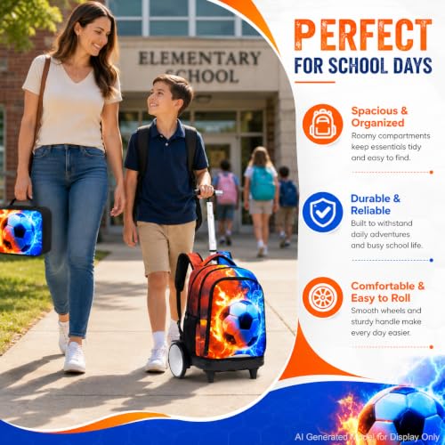 gxtvo Large Wheels & Quiet Glide | Rolling Backpack for Kids - Water-Resistant Wheeled Bag with Lunch Box for School, Travel & Outings - Fire & Lightning Soccer - color: Rolling Backpack Fire Lightning Soccer