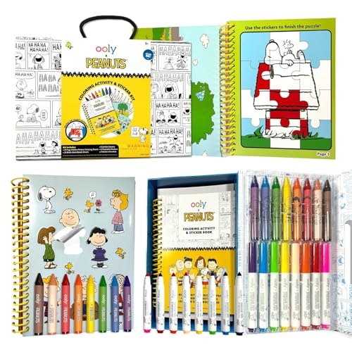 Ooly X Peanuts 60 PC Coloring Activity & Sticker Book in a Travel Box, 8 Washable Markers, 8 Jumbo Crayons, 40 Drawing Sheets & More - color: Deluxe Peanuts Coloring Kit