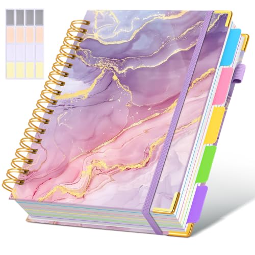 Hardcover Spiral Notebooks for Work, 300 Pages 5 Subject Notebook College Ruled with Dividers Tabs, 8"x10" Aesthetic Lined Spiral Journal for Women, 100GSM Large Cute Notebook for School,PinkMarble - color: Pinkmarble