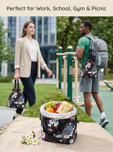 Double-Handle Lunch Bag, Insulated Waterproof Reusable Tote for Women/Students, Fits 2 Bento Boxes + Water Bottle - Ideal for School/Office/Picnic(European Lily) - color: European Lily