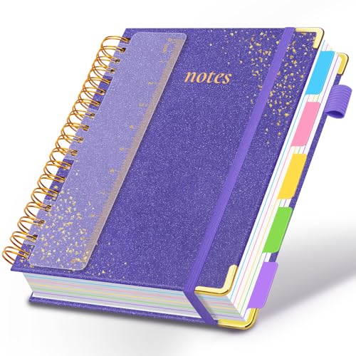 Hardcover Spiral Notebook with Removable Dividers & Tabs, 8.5"x11" 5 Subject Notebooks for Work, 300 Pages College Ruled Notebook, A4 Sparkle Lined Journal for Women Girls Note-Taking (Purple) - color: Purple, size: 8.5''x 11''