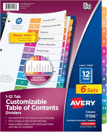 Avery 12 Tab Dividers for 3 Ring Binders, Customizable Table of Contents, Multicolor Tabs, 6 Sets (11196) (Pack of 6) - size: 12 tabs (Pack of 6)