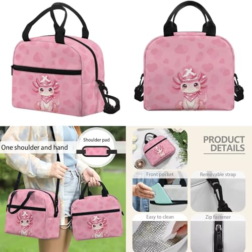 Pink Cowboy Axolotl Backpack Set for Girls 6-12, Elementary Kids School Bookbag with Insulated Lunch Box, Pencil Case & Water Bottle Holder for Back to School - color: Pink Cowboy Axolotl