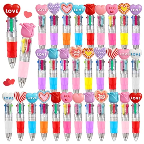 32Pcs 4 in 1 Mini Valentines Multicolor Ballpoint Pens | Cartoon Cutek Retractable Ballpoint Pen 0.7mm for Home Office Stationery or Fun - style: MiniValentinesBallpointPens32Pcs
