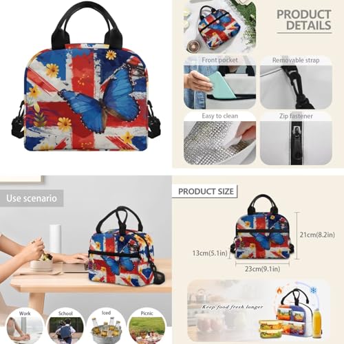 CLOHOMIN Butterfly Kids Bookbag and Lunch Box Set for Girls 5-8, 3 in 1 The Union Jack Backpack with Lunch Bag + Water Bottle Sleeve 17 Inch Schoolbag for Boys 4th Grade Insulated Lunch Tote - color: Butterfly the Union Jack