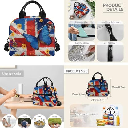 CLOHOMIN Butterfly Kids Bookbag and Lunch Box Set for Girls 5-8, 3 in 1 The Union Jack Backpack with Lunch Bag + Water Bottle Sleeve 17 Inch Schoolbag for Boys 4th Grade Insulated Lunch Tote - color: Butterfly the Union Jack