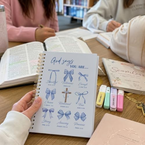 VONTP Bible Blue Bow Christian Notebook Journal for Women, 5.5 x 8.3 Inch | Christian Girl Energy Journal, Christian Study Notebook, Cute Preppy Bible Study Spiral Notebook for Bible Notes - color: 001-Blue