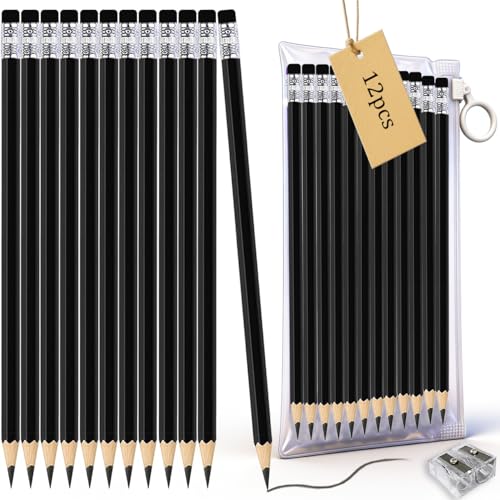 Adhere Black Colored pencils 12pcs Erasable Checking Pencils Pre-Sharpened #2 HB,for Checking Tests Grading,Map Coloring,editing Office Favors,including a Free sharpener - color: Black