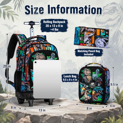 WZLVO 3PCS Rolling School Backpack, Water Resistance Roller Bookbag for Boys, Wheeled Bag Set with Lunch Box & Pencil Bag for Teens & Kids - Dinosaur Gathering