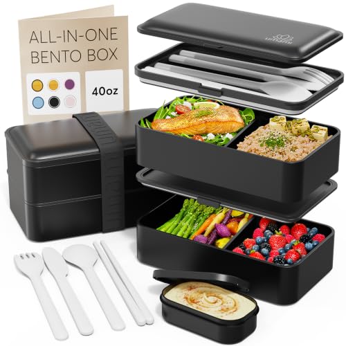 Umami Bento Box Adult, Leakproof, All-in-1 Lunch Containers for Adults | 40 oz, microwave & dishwasher safe, 4 utensils & sauce jar included, stackable, BPA-free, Matte Black - color: Matte Black, size: M - 40 oz