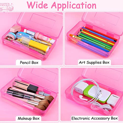 Sooez 1 Pack Pencil Case, Clear Pencil Box with Stickers, Large Plastic Crayon Box with Snap-tight Lid, Stackable Storage Box Art Craft Marker Organizer Box for Kids Boys Back to School, Pink | Clear Pink, Large Capacity, Stickers, Snap-tight Lid, Stackab