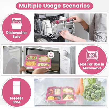Stainless Steel Bento Box for Kids Adults with Silicone Container, Leak Proof 4 Compartments Metal Lunch Box, Removable Silicone Seal & Clear Lid Food Container for School Office, BPA-Free(Pink) - color: Pink