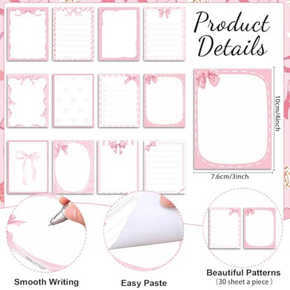 Wxiben Pink Bow Sticky Notes with Pens 24 Pcs Coquete Bow Notepads Preppy Ballpoint Pens Bulk Bows Cherries Notes Black Ink Pen Gifts for Women Office Supplies Party Favor - color: Pink Bow