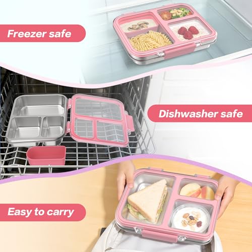 Stainless Steel Bento Box for Kids, 3-Compartment Metal Lunch Box with Clear Lid & Removable Silicone, Lunch Box Kids with Silicone Inner Container for Meal Prep, School, Office (Pink) - color: Pink