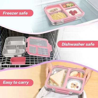Stainless Steel Bento Box for Kids, 3-Compartment Metal Lunch Box with Clear Lid & Removable Silicone, Lunch Box Kids with Silicone Inner Container for Meal Prep, School, Office (Pink) - color: Pink
