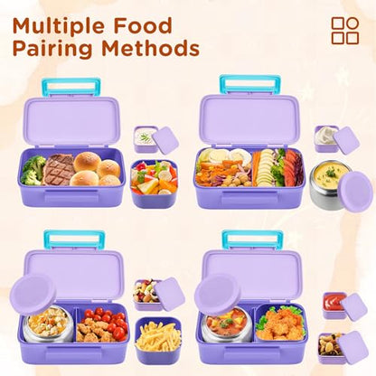 JXXM Bento Lunch Box for Kids With 8oz Thermo, Leakproof Bento Box with with 2 Compartments, Insulated Bottle, Lunch Bag, BPA Free Dishwasher Safe for School Girls Boys (Purple) - color: Purple 01