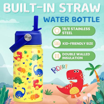 Dinosaur Kids Water Bottle - 12 Oz Insulated Stainless Steel - Straw Lid for Toddlers & Kids - School & Sports Travel Cup - color: Dinosaur 2