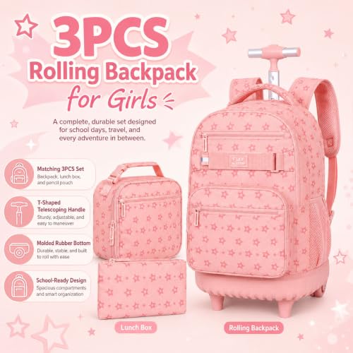 HPJGD 3PCS Rolling Backpack for Girls, Pink Star Roller School Backpacks with Wheels, Water-Resistant Wheeled Bookbag Set - color: Pink Star Rolling Backpack Set