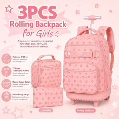HPJGD 3PCS Rolling Backpack for Girls, Pink Star Roller School Backpacks with Wheels, Water-Resistant Wheeled Bookbag Set - color: Pink Star Rolling Backpack Set