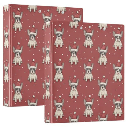 Fustylead Cute French Bulldog Puppy in Santa Hat 3 Ring Binder, D-Rings 1.5" Hardcover Folder, Fits 200 Sheets of A4 Paper, Durable Clipboard & Clean View with Inside Pockets for School Home Office - size: 12.4x10.63x2.36 Inch-2 Pack