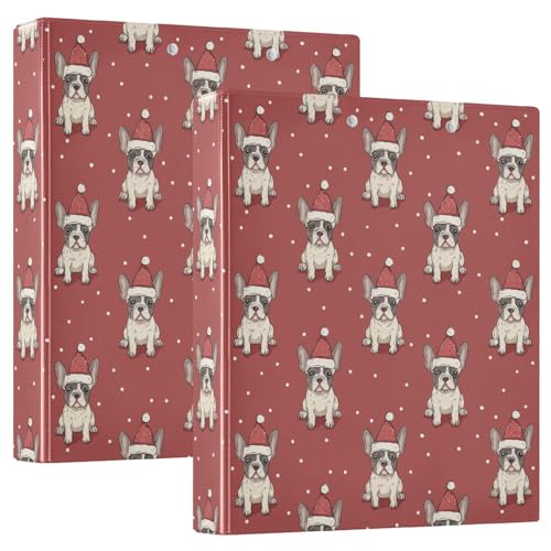 Fustylead Cute French Bulldog Puppy in Santa Hat 3 Ring Binder, D-Rings 1.5" Hardcover Folder, Fits 200 Sheets of A4 Paper, Durable Clipboard & Clean View with Inside Pockets for School Home Office - size: 12.4x10.63x2.36 Inch-2 Pack