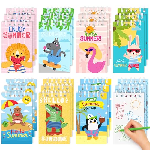 24Packs Hello Summer Mini Notepads Cute Cartoon Animal Spiral Notebooks Pocket Journal Memo Pads for Hawaii Beach Themed Birthday Gifts Goodie Bag Stuffers Office School Classroom Rewards - style: Summer
