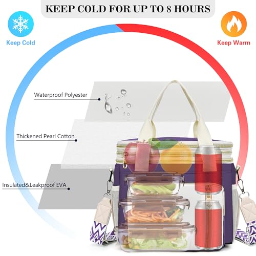 LOKASS Lunch Box for Women-16L-Insulated Lunch Bag Women, Expandable Double-layer Leakproof Cooler Bag with Upgrade Adjustable Shoulder Strap Ideal for Work/Picnics（Purple） - color: Purple