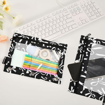 Black White Bow Pencil Pouch for 3 Ring Binder 2 Pcs Binder Pouches with Zipper Pocket Pencil Case Bag with Clear Window for Office Work School Supplies - color: Black White Bow
