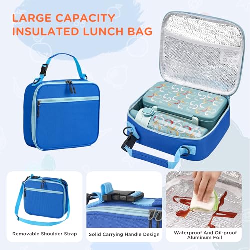 MAISON HUIS Bento Box for Kids with 8oz Soup Thermo, Insulated Lunch Bag & 17oz Water Bottle, 2-Compartment Bento Box with Built-In Ice Pack, Leak-Proof & BPA-Free - color: Blue1