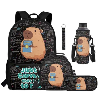 Cartoon Capybara Kids Backpack Set 5 Pieces with Lunch Bag Pencil Case and Bottle Sleeve Large Capacity School Bag for Girls Boys and Travel - color: Cartoon Capybara