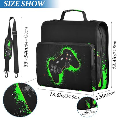 Green and Black Video Game Zipper Binder Bag 3 Ring with Handle Shoulder Strap, Binder File Organizer Bag Storage Case for School Work Office