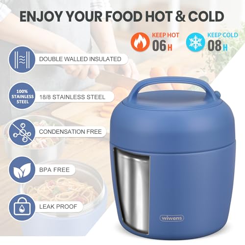 wiwens Thermo Food Jar for Hot Food Adults 32OZ Soup Thermo Lunch Containers Wide Mouth Vacuum Insulated Stainless Steel Leakproof Bento Box with Spoon - color: Blue3