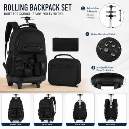 3Pcs Rolling Backpack for Girls Women, School Kids Roller Bookbag with Wheels, Wheeled Backpacks Set for Elementary (Black) - color: Bow Black