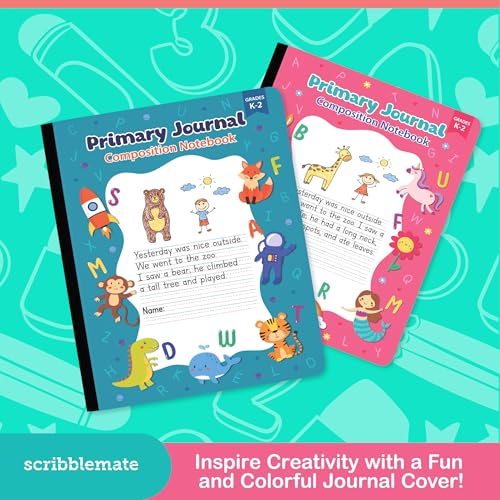 Primary Journal Grades K-2, primary composition notebook k-2, 4 Assorted Colors & Designs Primary Writing Journal, 100 Sheets/200 Pages 9.75" x 7 .5" Primary Composition Notebook with Picture Space