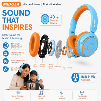 MIDOLA Kids Bluetooth Headphones 68H Play Time,Volume Limit 85/94dB, Foldable Lightweight Wireless Over-Ear Headphone for Kid Toddler Child Pad Tablet,Headsets with Built-in Mic Sky Blue - color: Sky Blue