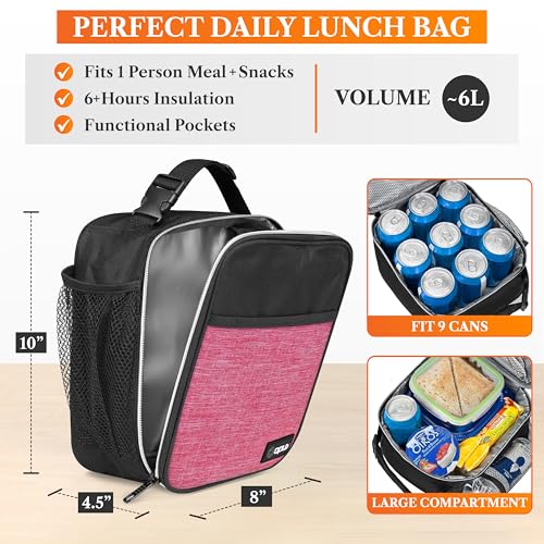 opux Insulated Lunch Bag for Kids Girls, Small Compact Lunch Box with Wide Opening & Mesh Pockets, Reusable Lunch Pail for School, Work, Adults, Women, Heather Pink - color: Heather Pink