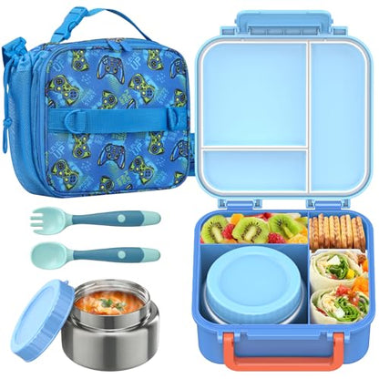 JOOPETALK Bento Lunch Box Set for Kids with 9oz Soup Thermo, Insulated Lunch Bag,Leak-proof BPA-free Lunch Food Container with 3-4 Conpartments for School Travel-Blue