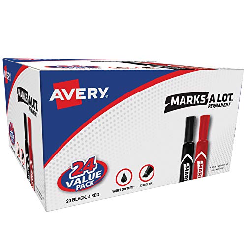 Avery Marks-A-Lot Permanent Markers, Regular Desk-Style Size, Chisel Tip, Water and Wear Resistant, 24 Assorted Markers (98187) - style: 24 markers
