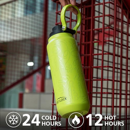 GREYLOCK 32 oz Insulated Water Bottle with Straw Lid, Leakproof Reusable Stainless Steel Vacuum Flask, 24hr Cold & Hot, Carry Handle & Silicone Spout, BPA-Free for Gym, Hiking, Travel,Green - color: Lemon Grove, size: 32 Ounces