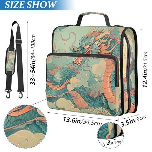 Vintage Dragons Zipper Binder with Shoulder Strap & Handle for Easy Carry, 1.5 Inch 3-Ring Binder for School, Expansion Panel and Expanding File