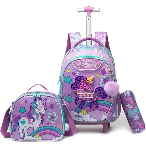 Meetbelify Unicorn Rolling Backpack with Wheels for Elementary Student Kids Wheels Trolley Trip Luggage with Lunch Bag Pencil Case for Girls Ages 6-8 - color: 01 Unicorn a