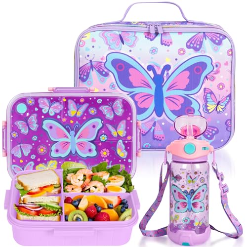 Kids Bento Lunch Box Set with 1200ml Leak-Proof Lunch Containers with 3 Compartments, 22oz BPA-Free Water Bottle, Insulated Lunch Bag for Back to School Kids Girls Boys - color: Butterfly