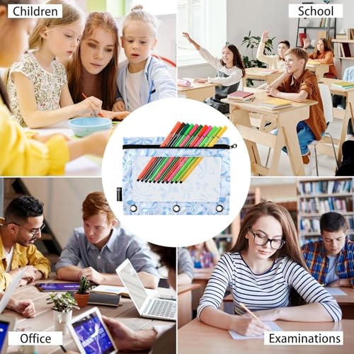 Blue Bow Ribbon Pencil Pouch for 3 Ring Binder 2 Pcs Binder Pouches with Zipper Pocket Pencil Case Bag with Clear Window for Office Work School Supplies - color: Blue Bow Ribbon