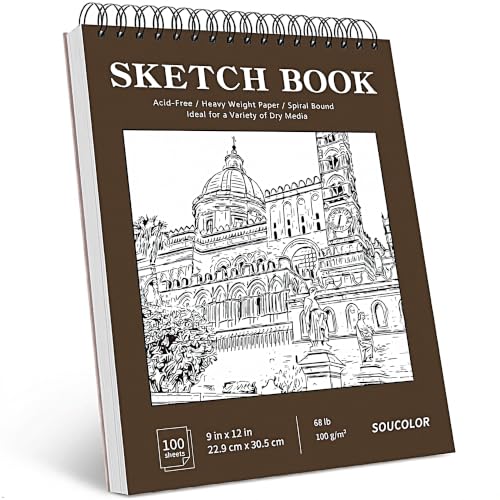 Soucolor Sketch Book 9x12, 100 Sheets Drawing Pad, Art Sketchbook for Kids | 68lb acid-free Paper,no bleed-through, clean erase, top spiral lay-flat, micro-perforated, for kids, adults, all skill levels - color: Brown, size: 9" x 12" (Pack of 1)